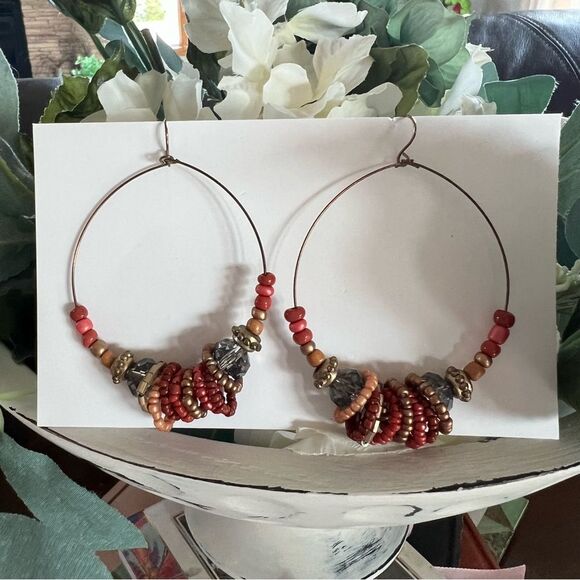 Beaded Boho Red Multicolored Resin Beaded Circle Hoop Colorful Pierced Earrings - Picture 1 of 7